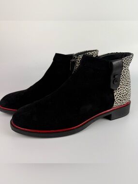 BeautiFeel Womens Black Suede Animal Print Ankle Boots Red Trim SZ 39 EU